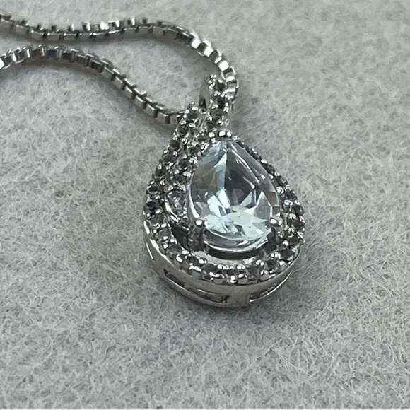 Aquamarine Teardrop Pendant Necklace White Topaz Sterling Silver 16” Chain - Picture 5 of 12